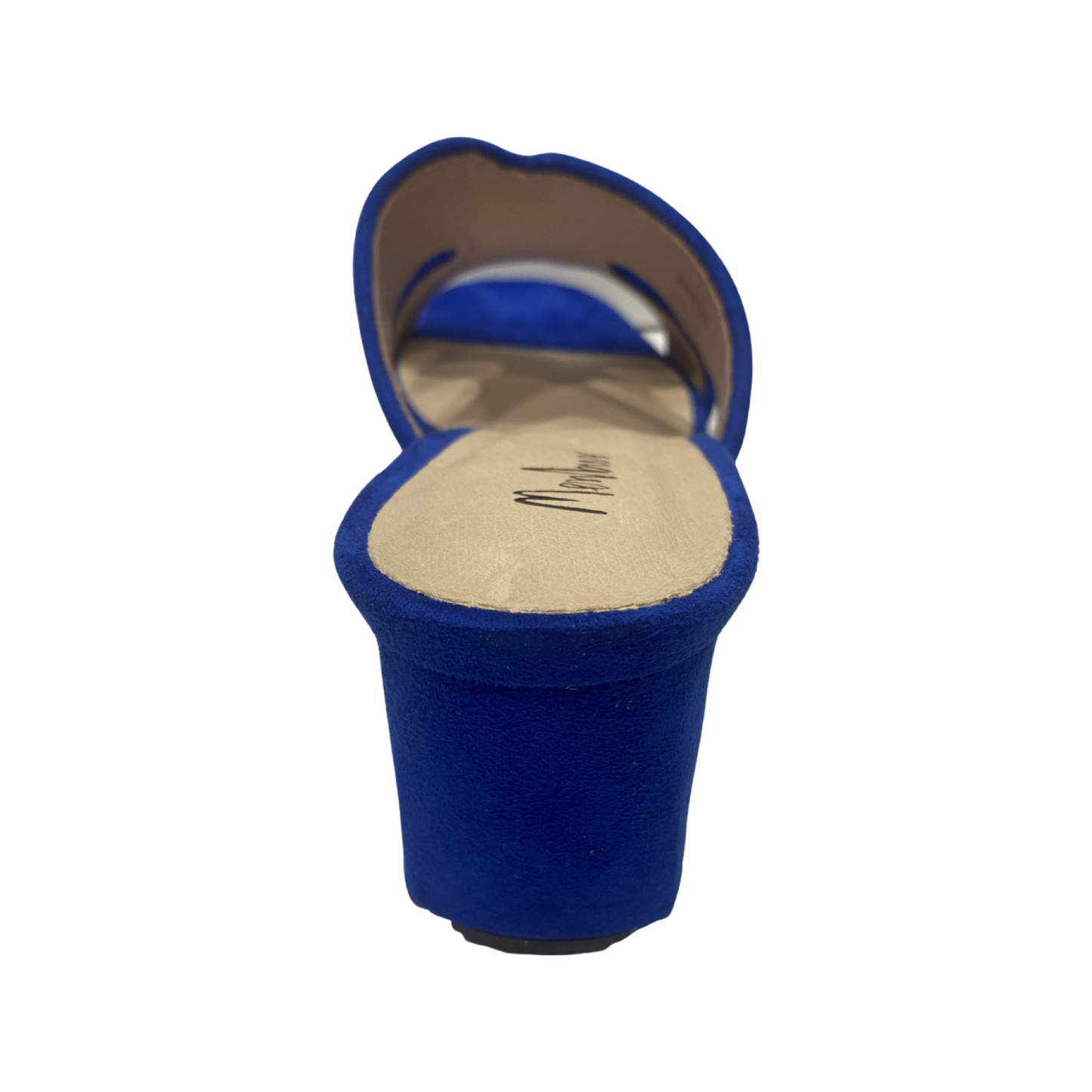 Woven Block Heel Mules with rhinestone detail, blue fabric upper, leather insole, and 1.9-inch block heel.