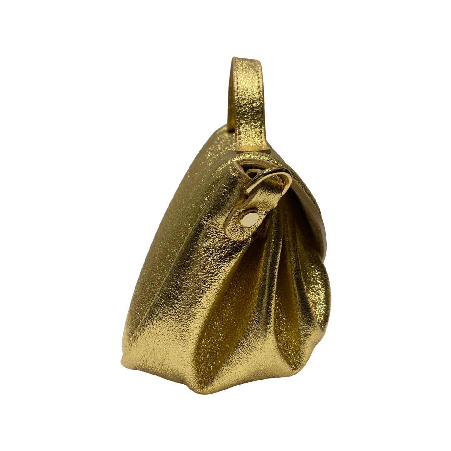 Gold leather tote bag with removable shoulder strap and flap closure.