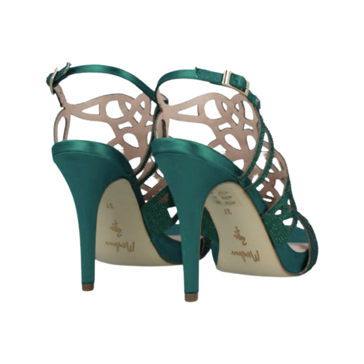 Green rhinestone stiletto shoes by Menbur, perfect for parties and weddings.