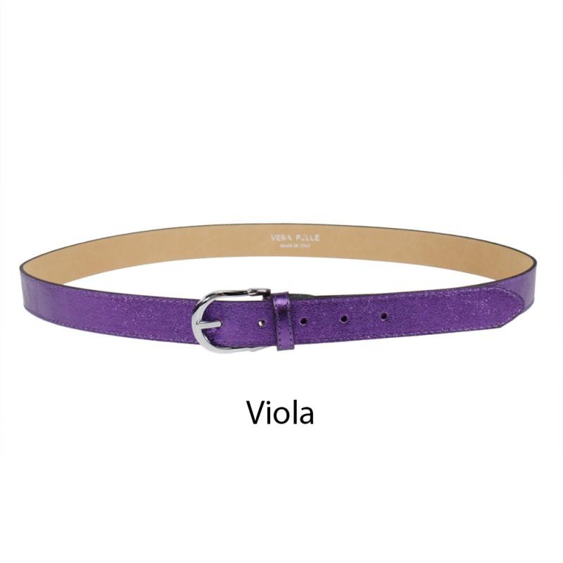 Women's belt with buckle, purple laminated leather, handmade in Italy.