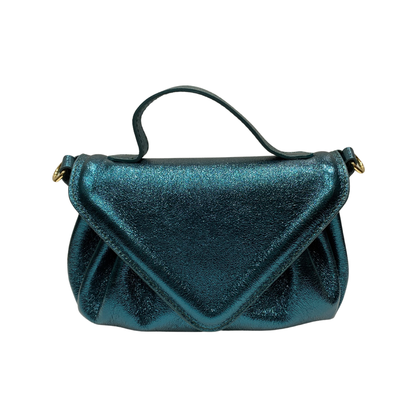Leather tote bag with sparkle glitter, removable strap, flap closure, and gold finish.