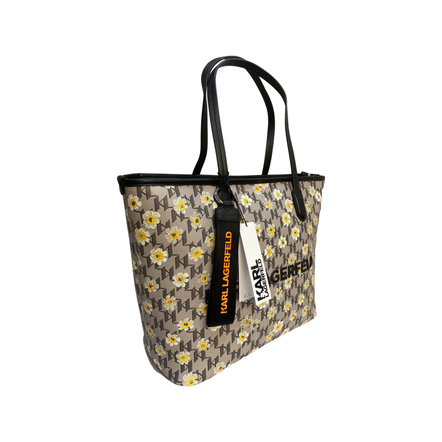 Karl Lagerfeld Monogram Floral Leather Tote Bag with dual handles and logo key FOB.