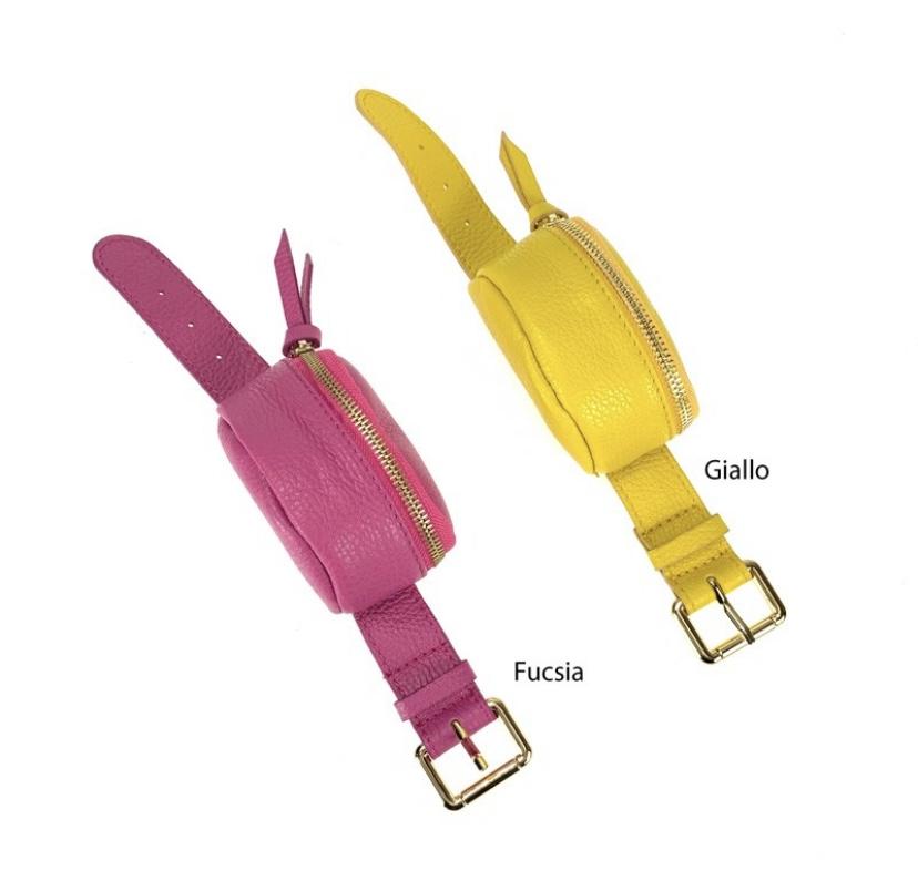 Mini wrist leather bracelet with adjustable strap and gold metal details in fuchsia and yellow.