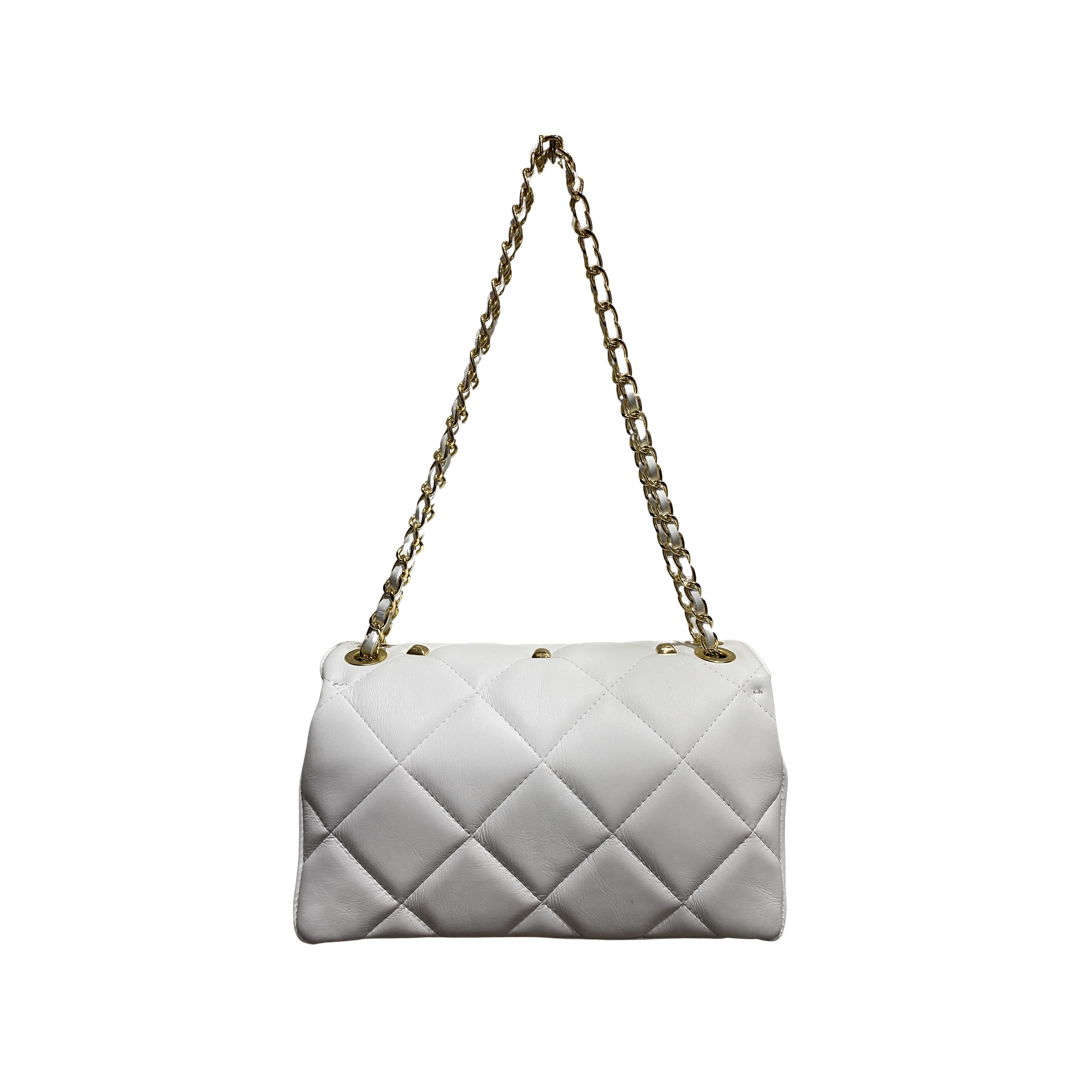 Quilted crossbody leather bag with chain strap and gold-tone hardware.