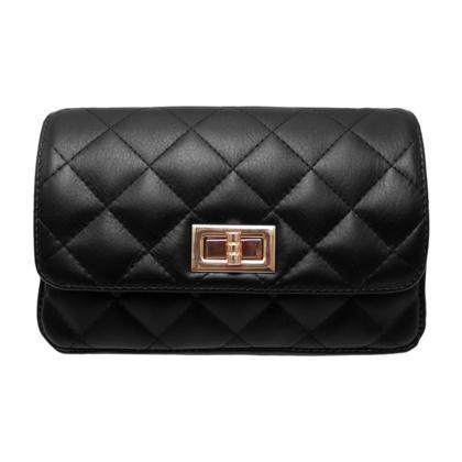 Quilted crossbody leather bag with gold turn lock closure.