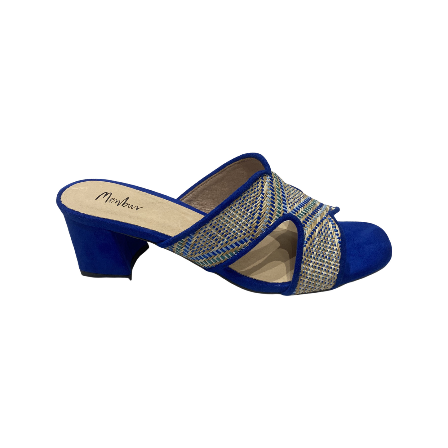 Woven Block Heel Mules with rhinestone details and blue fabric upper.