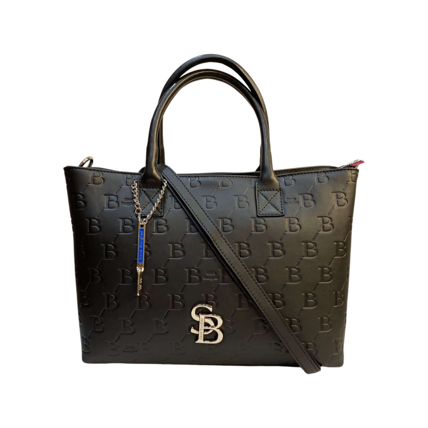 Black leather tote bag with removable shoulder strap and SB logo.