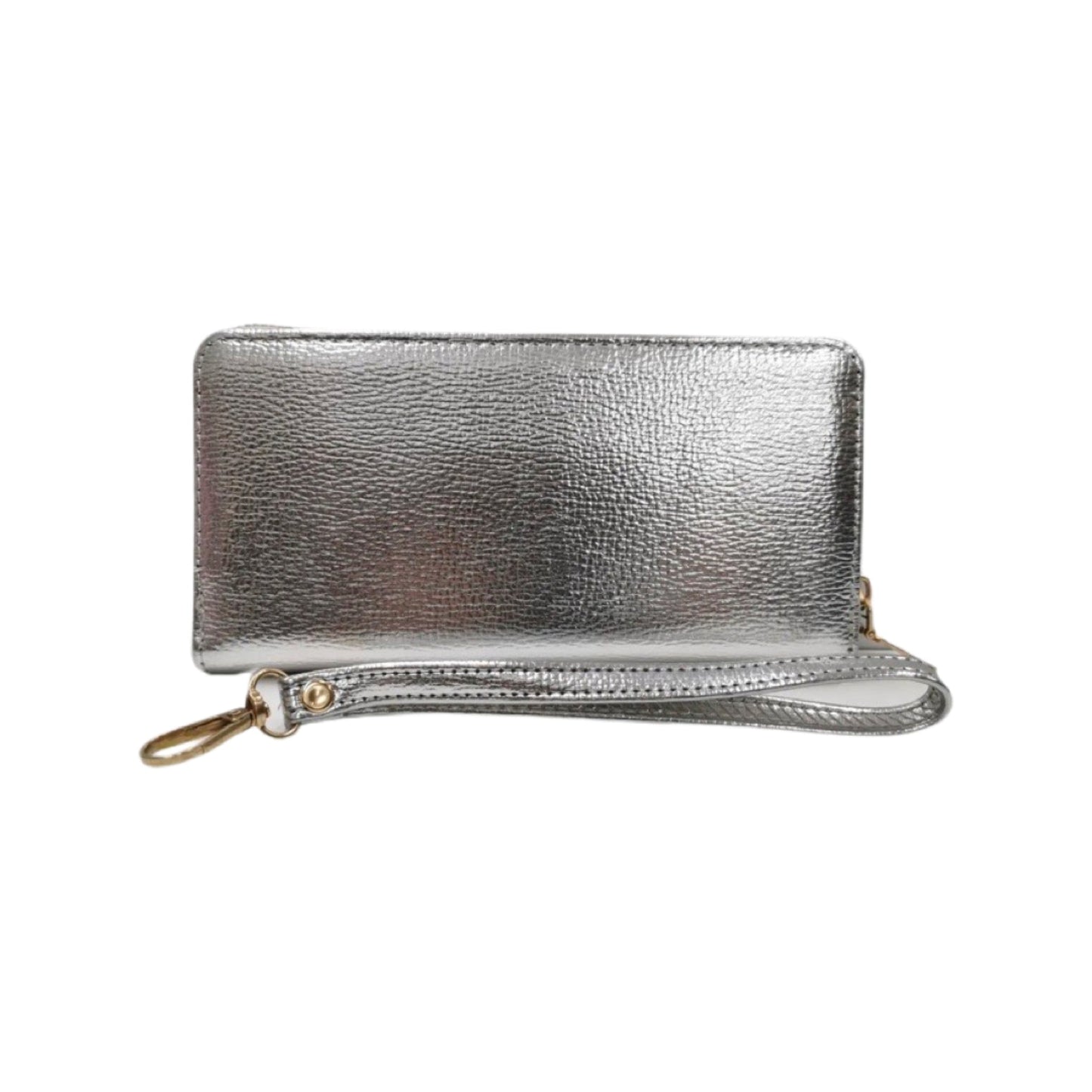 Rectangular black leather purse wallet with zip closure and gold metal details.