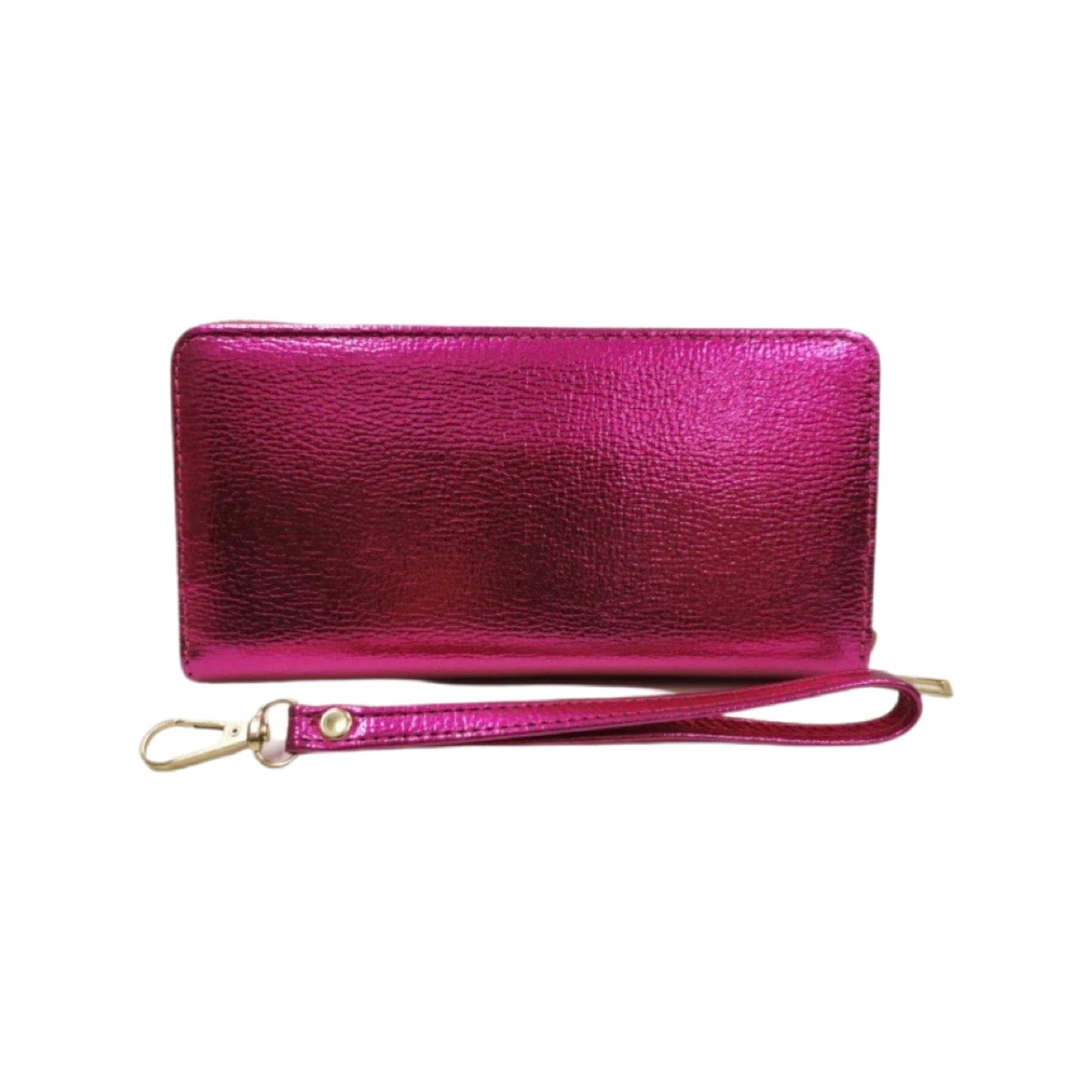 Rectangular black leather purse wallet with zip closure and gold metal details, featuring card slots and compartments.