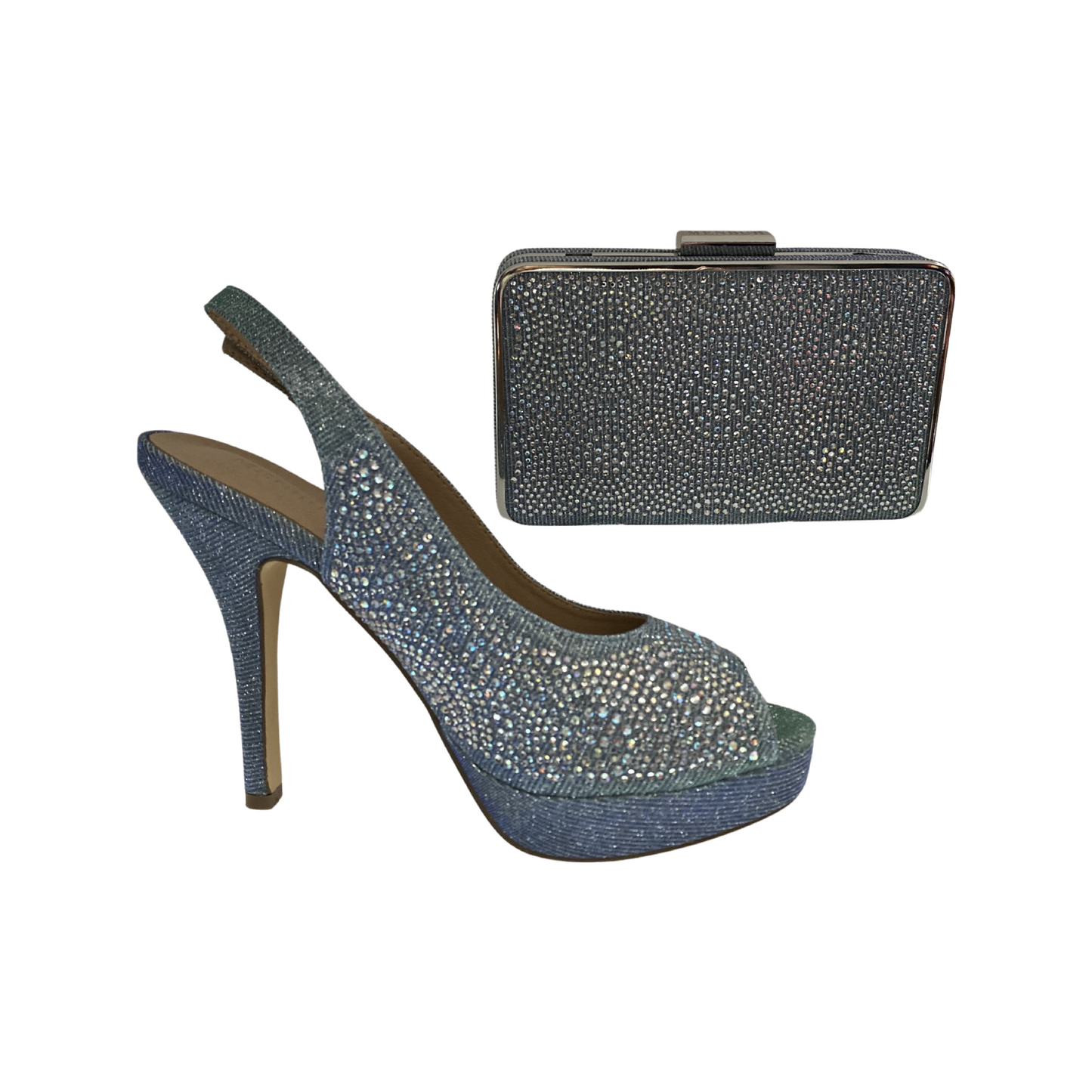 Turquoise blue platform sandals with matching rhinestone clutch.