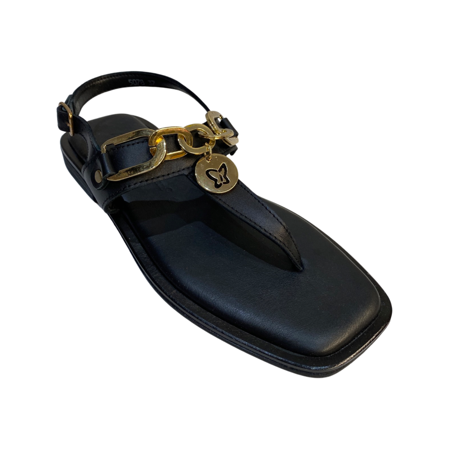 Black leather thong chain flat sandals with gold chain, adjustable buckle, and quilted insole.