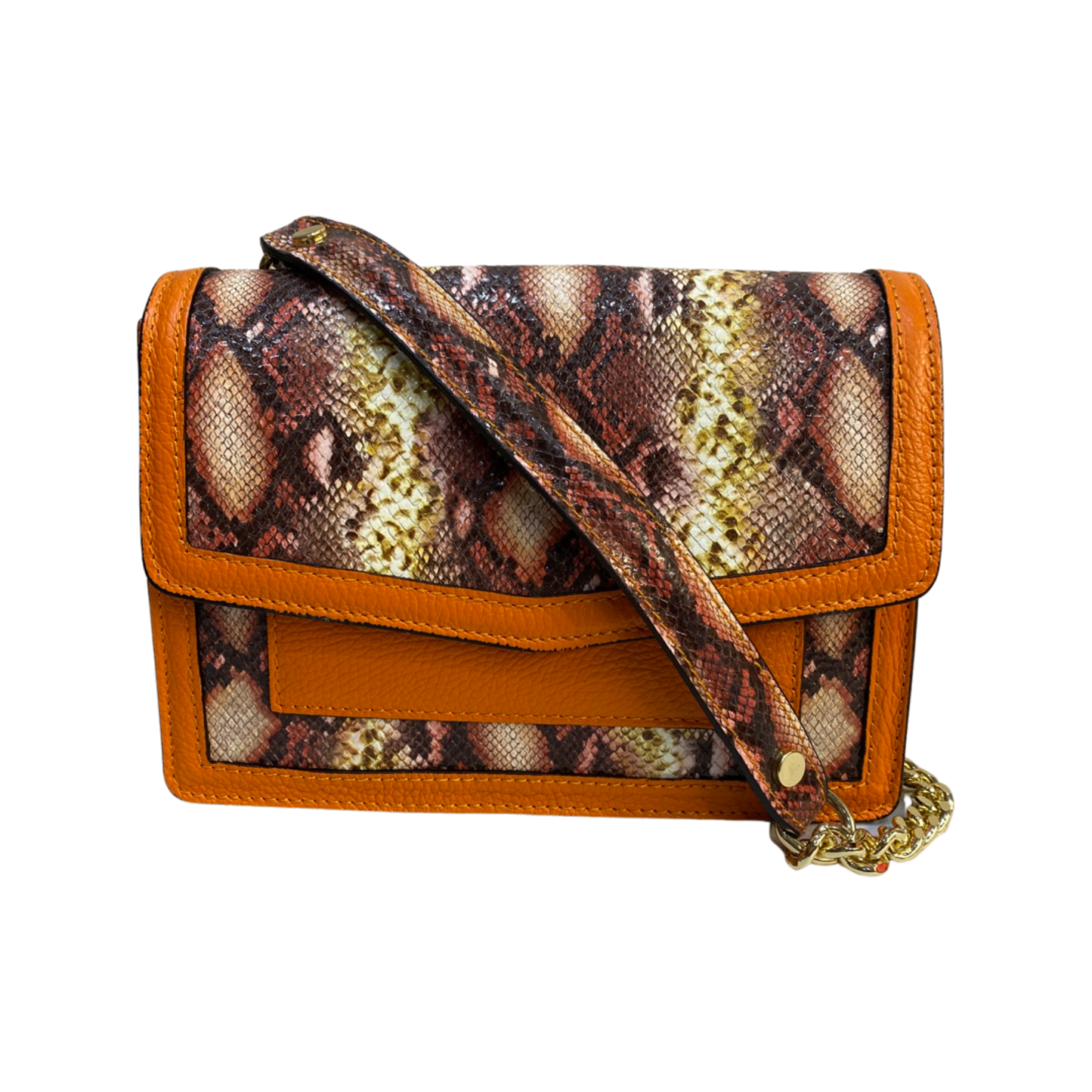 Animal print leather tote bag with chain strap and gold accessories.