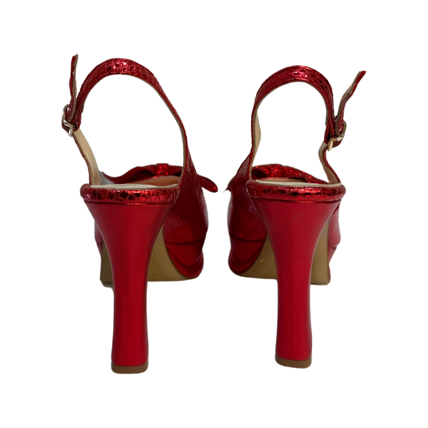 Red high heeled platform sandals with adjustable ankle straps.