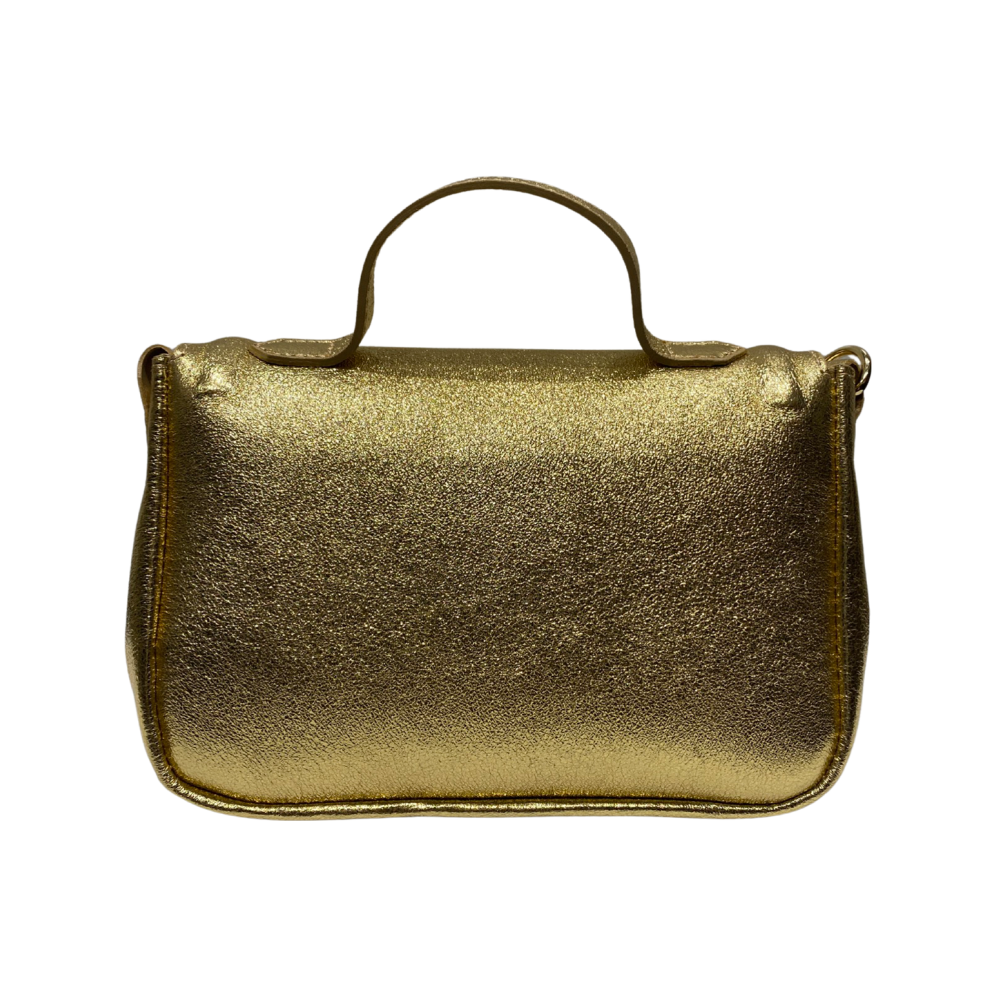 Gold leather tote bag with flap closure, removable shoulder strap, and side zip pocket.