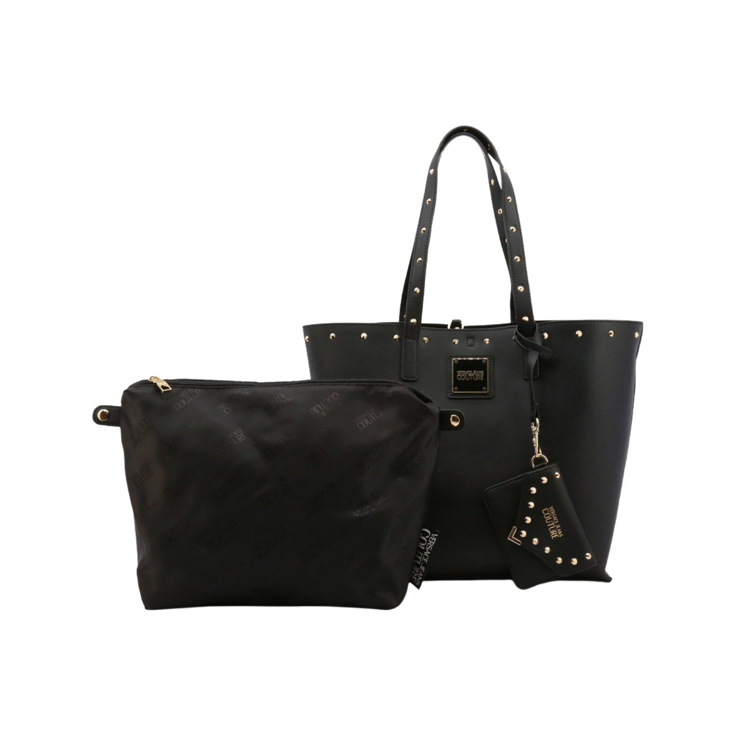 Versace Tote Bag in leather with removable pochette and studs.