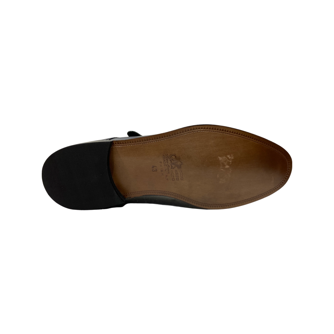 Men's blue slip-on double monk strap shoes with leather sole.
