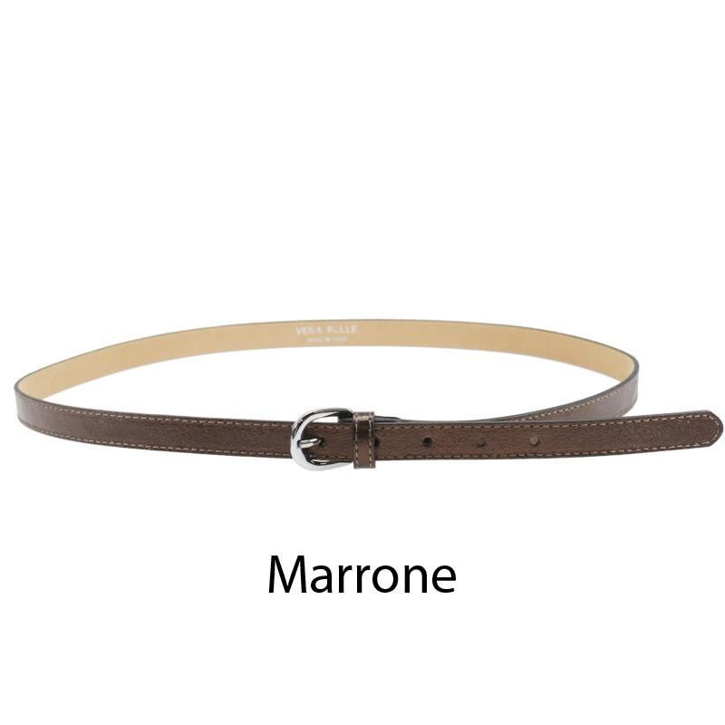 Women's handmade Italian leather belt with metal buckle, Marrone color.