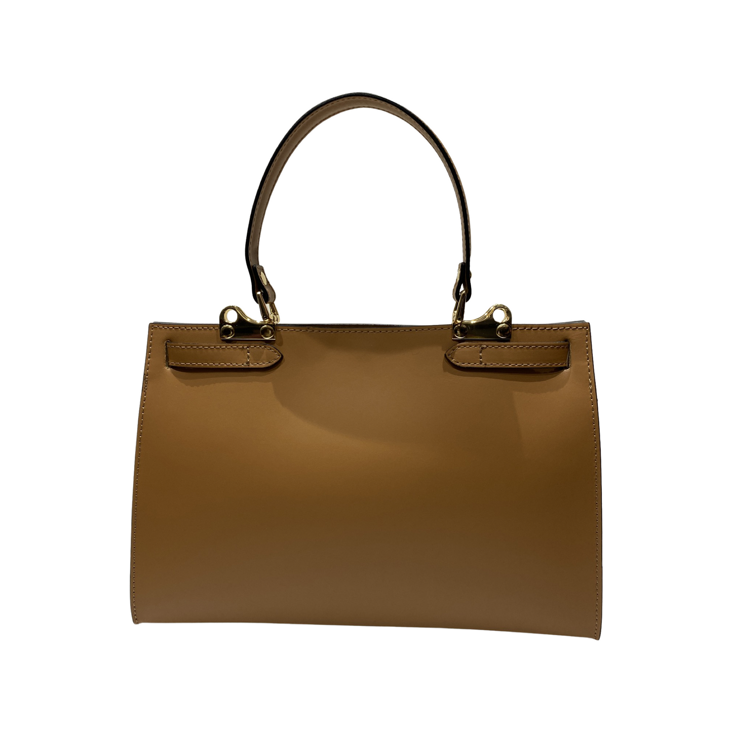Oversized handheld leather tote bag with gold metal details and top handle, made in Italy.