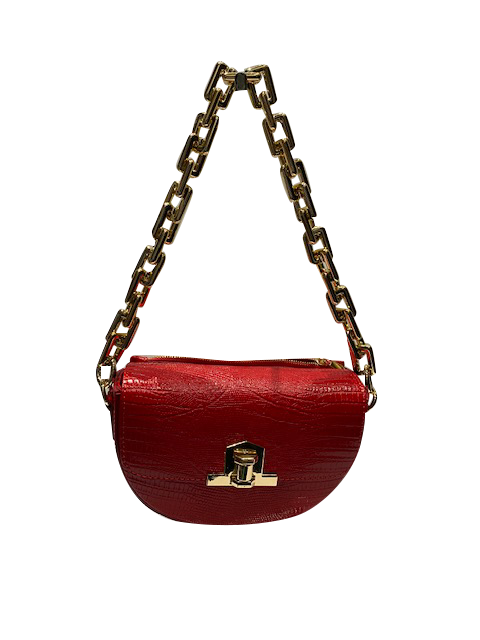 Small leather clutch bag with magnetic flap closure, gold metal details, and detachable chain strap.