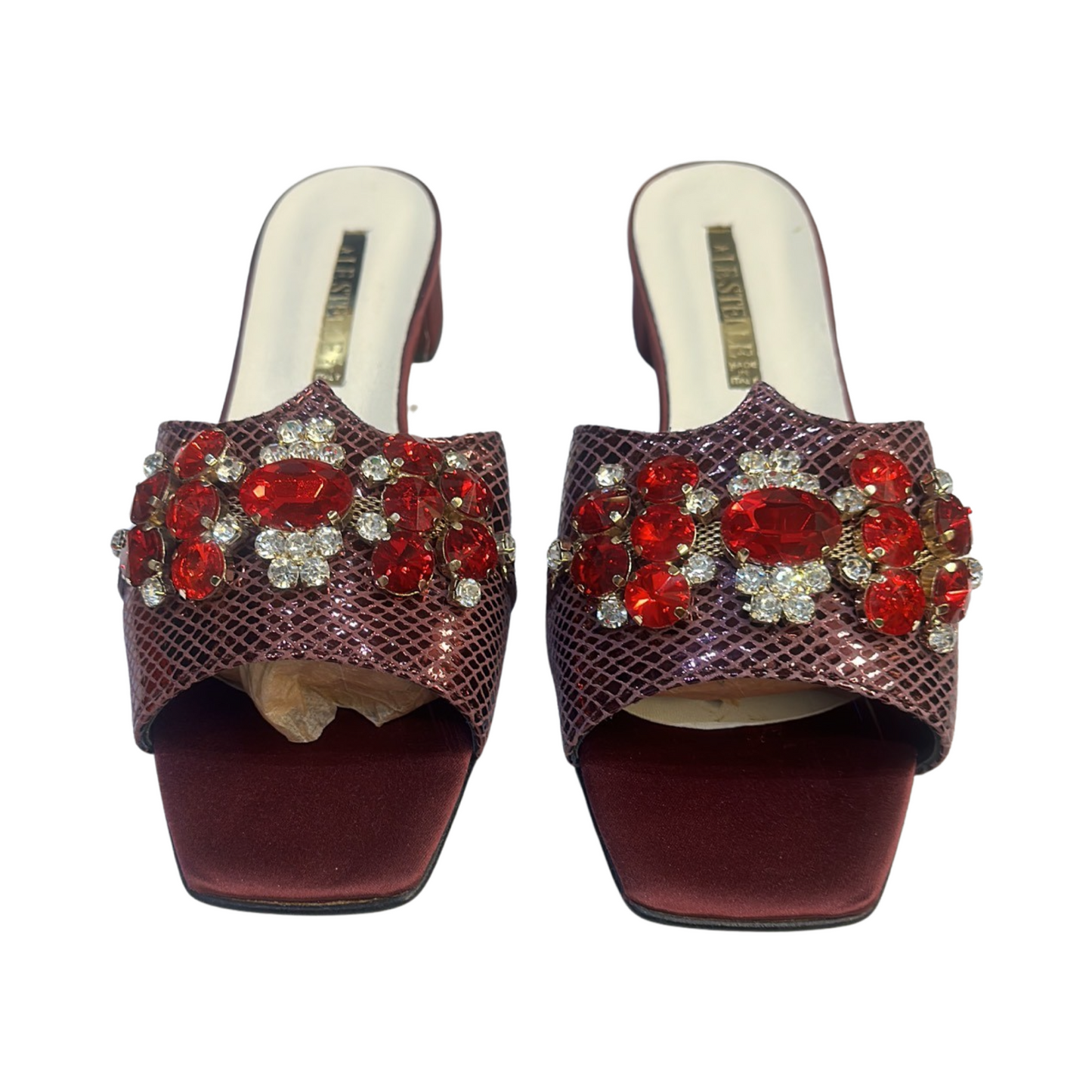 Rhinestone Flat Mules with embellished red and clear stones, purple upper, and flat sole.