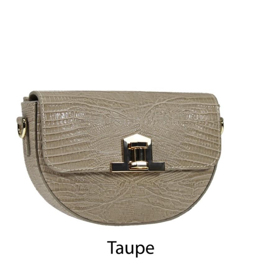 Small taupe leather clutch bag with magnetic flap closure and gold metal details.