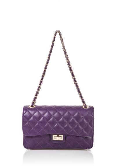 Purple quilted chain shoulder bag with diamond-stitched design and gold-tone chain strap.