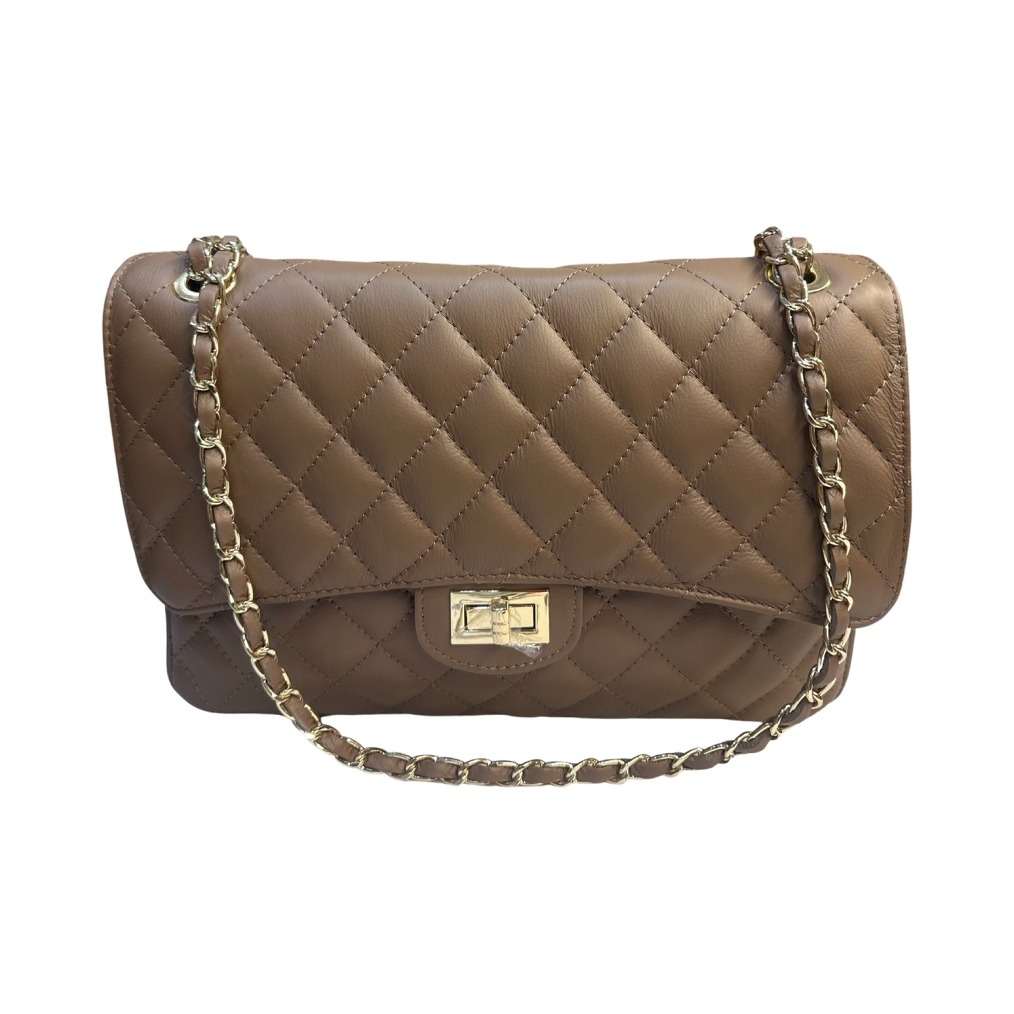 Quilted chain shoulder bag with diamond-stitched design and gold-tone chain straps.