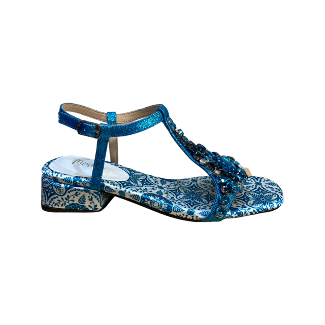 Turquoise blue rhinestone flat sandals, embellished diamante, glamorous style.