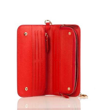 Rectangular tan leather purse wallet with zip opening, leather interior, and multiple card slots.