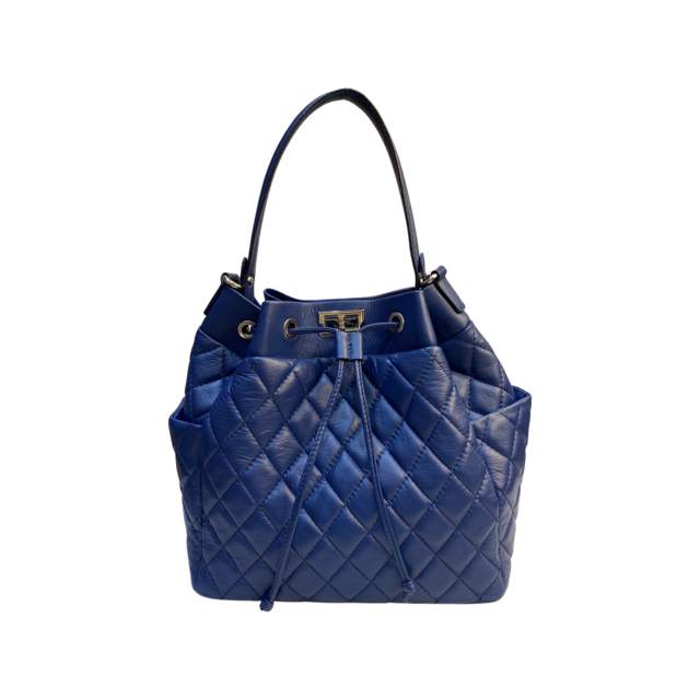 Quilted crossbody leather bag with chain, drawstring, and turn lock closure, blue, 100% made in Italy.