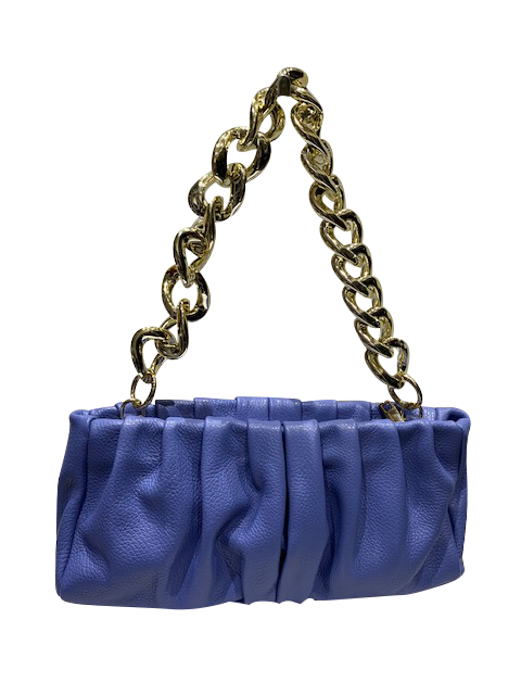 Gathered leather crossbody bag with gold chain strap and zip closure.