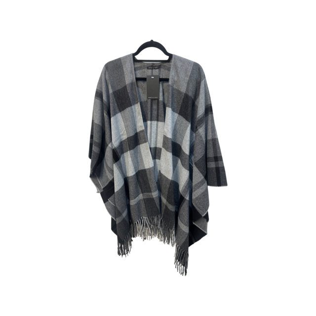Tartan Tassel Cape Shawl in grey and black plaid pattern with tassel trim, cozy and stylish.