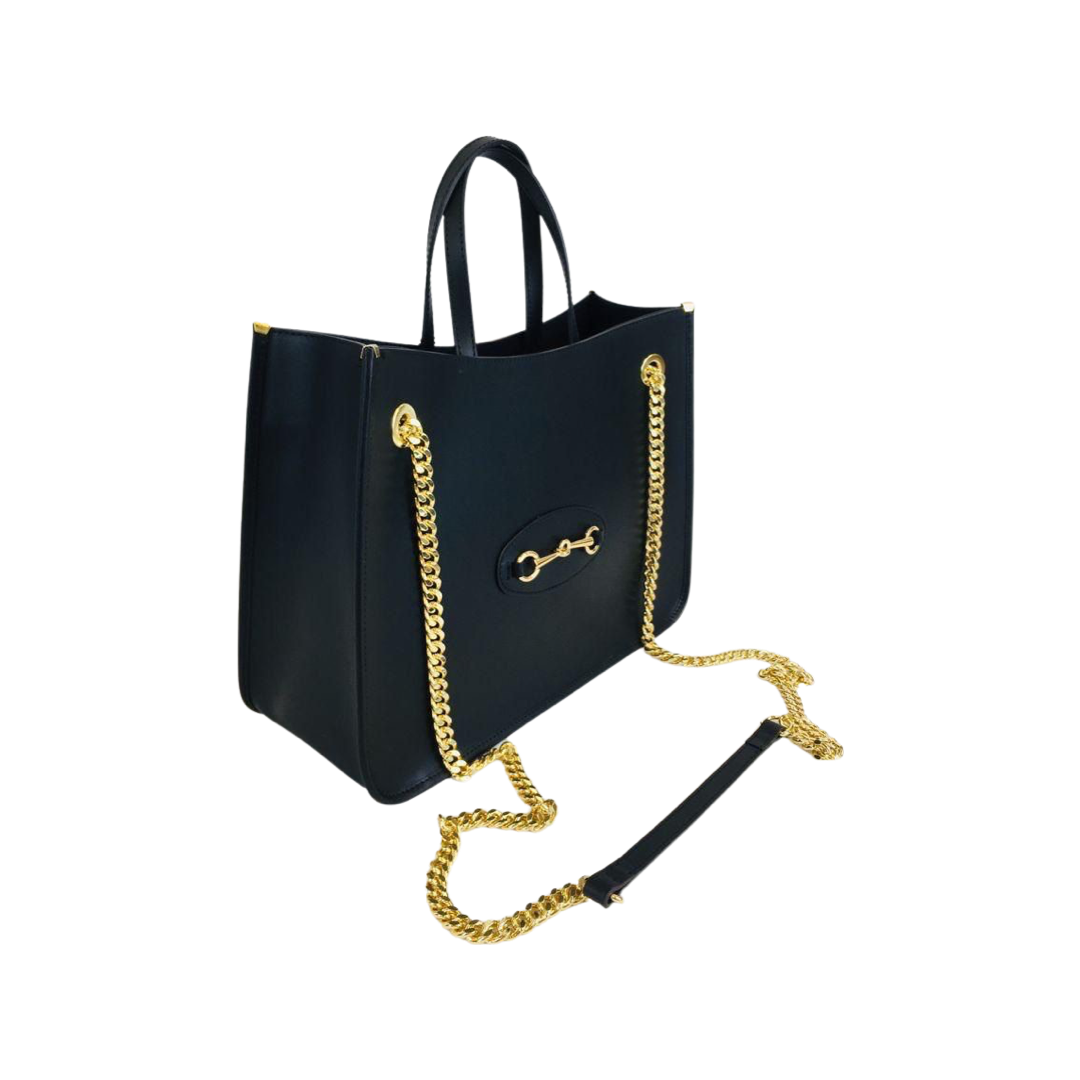 Large leather tote bag with gold chain handles and removable shoulder strap, made in Italy.