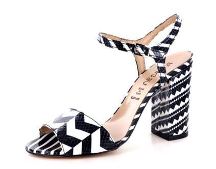Black-White Women’s Shoes, heeled sandals with block heel and buckle ankle strap.