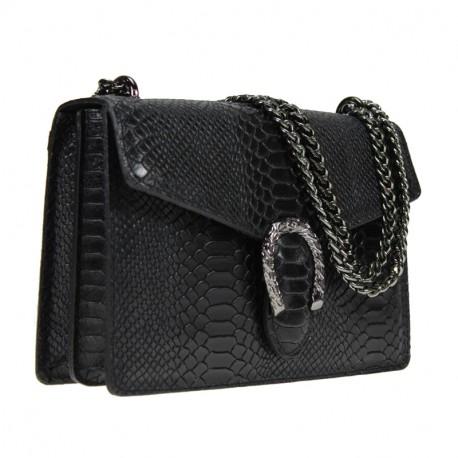 Luxury leather crossbody bag with chain strap and tiger hardware.