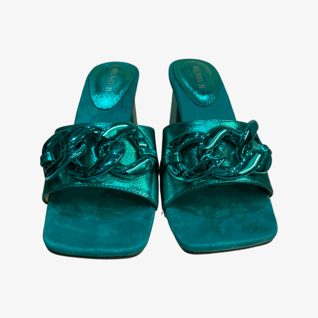 Block heel chain candy colours mules with square toe and rhinestone embellishments.