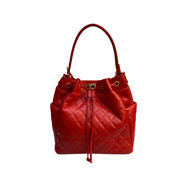 Quilted crossbody leather bag with chain, drawstring closure, and gold metal details.