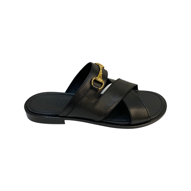 Crisscross Slip-On Sandals in black leather with gold logo detailing, handcrafted in Italy.