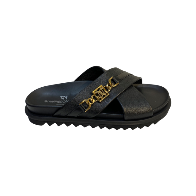 Black leather crisscross 2 strap slip-on sandals with gold-plated logo, handcrafted in Italy.