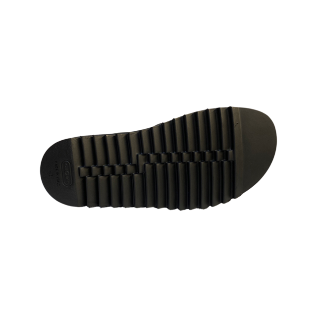 Crisscross 2 Strap Slip-on Sandals - sole view, black calf leather, handcrafted in Italy.