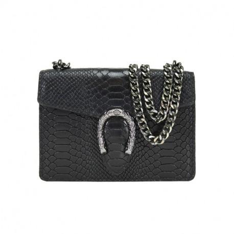 Crossbody leather bag with chain and tiger hardware.