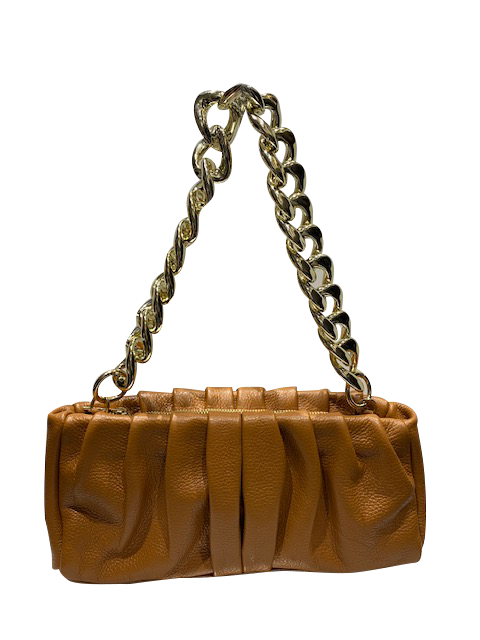 Leather crossbody bag with gold chain strap and gathered design.