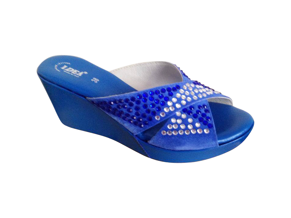 Blue platform wedge sandals with rhinestone bow tie design.