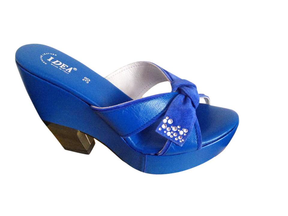 Blue rhinestone suede leather platform wedge sandals, open-toe, handmade in Italy.