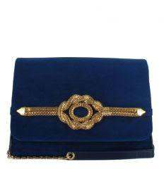 Menbur blue suede crossbody bag with gold embellishments and detachable strap.