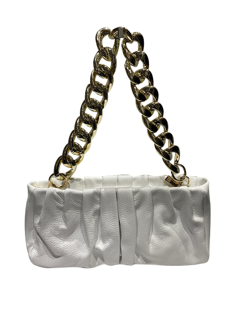 Squared gathered leather crossbody bag with gold chain strap.