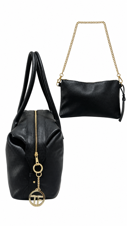 Black Italian Leather Oversized Shoulder Bag Set