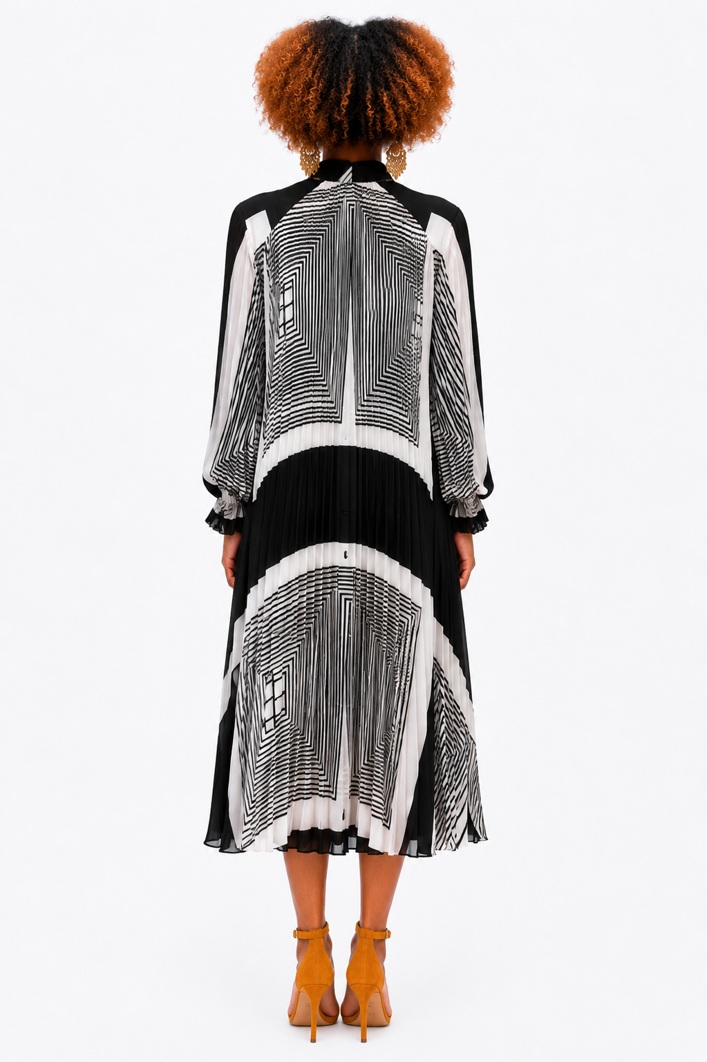 Black and White Geometric Pleated Midi Dress