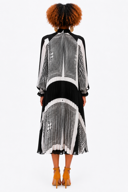 Black and White Geometric Pleated Midi Dress
