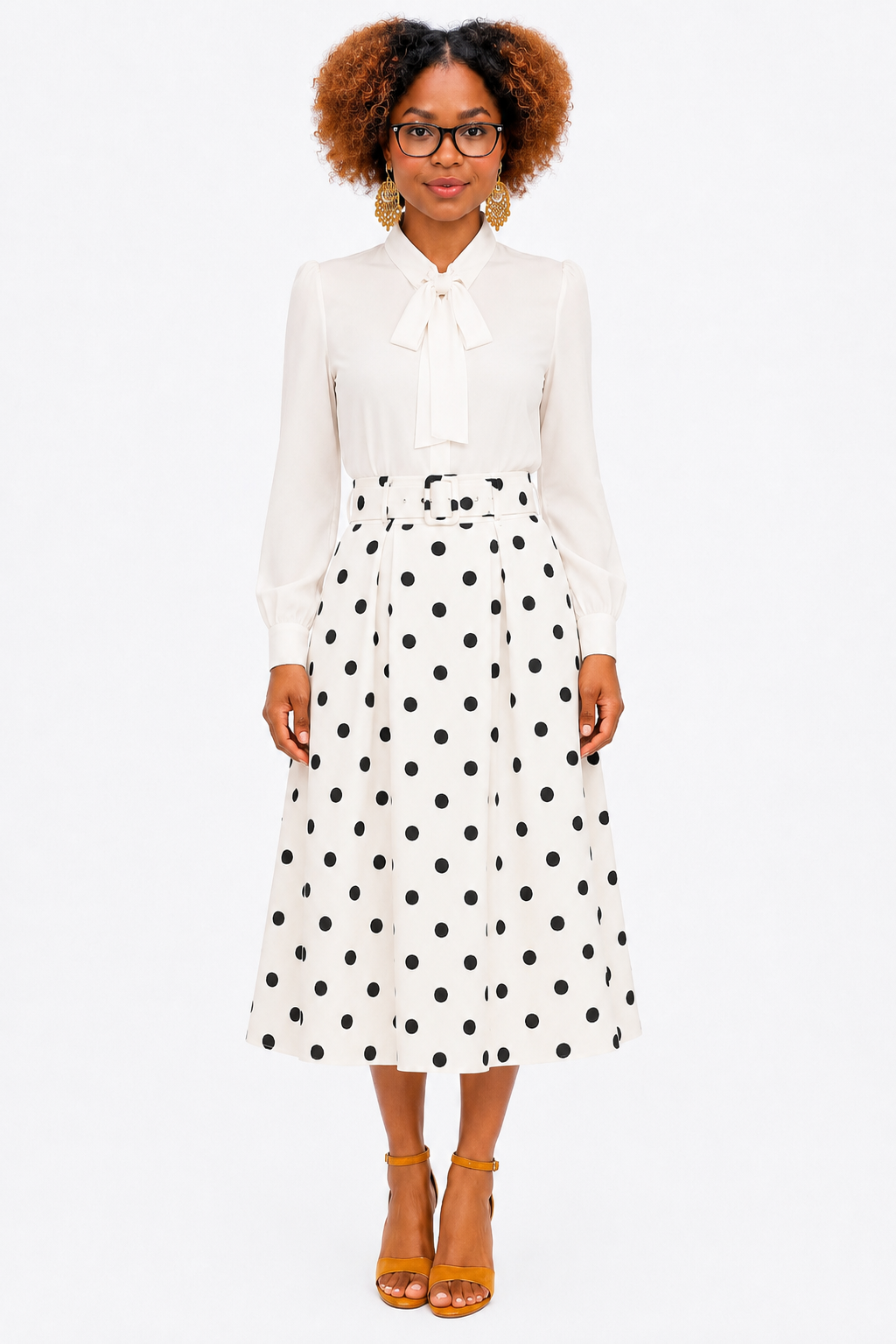 Black and White Polka Dot Belted Midi Skirt